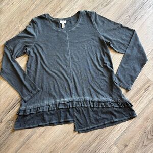 LOGO by Lori Goldstein Charcoal Ruffle-Hem Long Sleeve Top with High Low Feature